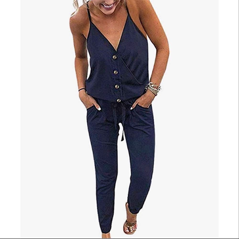 Qeesmei V-neck Jersey Knit Jumpsuit Blue Small Sleeveless Overalls Jogger
